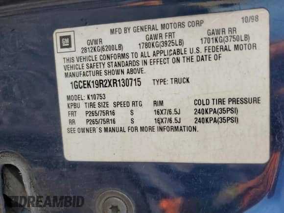 1999 Chevrolet Silverado 1500 с VIN 1GCEK19R2XR130715, выставлен на аукционе Copart как лот 70545035 с пробегом 297 221 миль миль и Списание • Salvage title. История ставок и продаж доступна на DreamBid. Изображение 13.