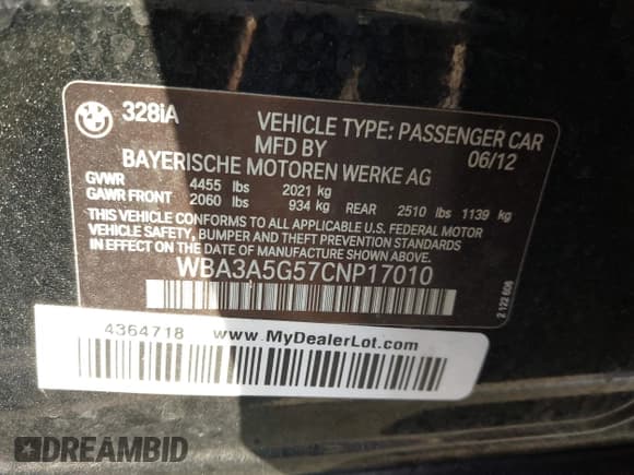 ✅ 2012 BMW 3 Series 328i • VIN: WBA3A5G57CNP17010 • Лот: 43485917. Опубликован ранее на IAAI с пробегом 153 937 миль. Бесплатный доступ к архиву аукционных продаж из США и подробный отчёт об истории автомобиля на DreamBid. Изображение 9.