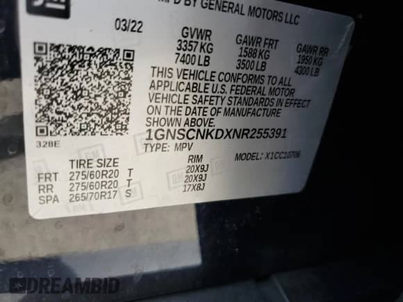 2022 Chevrolet Tahoe LT z VIN 1GNSCNKDXNR255391, wystawiony jako Copart lot #85759385 z przebiegiem Nie podano mil oraz Nie do naprawy • Non repairable. Historia ofert i sprzedaży dostępna na DreamBid. Obrazek 13.