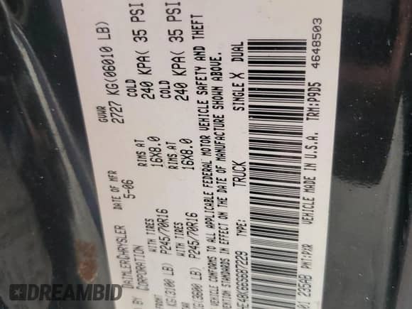 2006 Dodge Dakota SLT with VIN 1D7HE48K66S687229, listed as a Copart auction lot 56238735 with 148,785 mi miles and Salvage title. Bid and sale history available at DreamBid. Image 13.