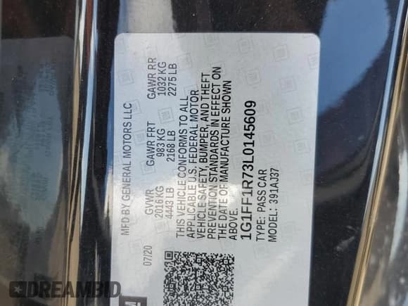 ✅ 2020 Chevrolet Camaro 1SS • VIN: 1G1FF1R73L0145609 • Лот: 68358525. Опубликован ранее на Copart с пробегом 66 439 миль. Бесплатный доступ к архиву аукционных продаж из США и подробный отчёт об истории автомобиля на DreamBid. Изображение 12.