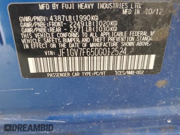 ✅ 2013 Subaru WRX WRX Limited • VIN: JF1GV7F65DG012524 • Lot: 56835885. Listed on Copart with 166,016 mi. Free auction sales archive from the USA and detailed vehicle history report at DreamBid. Image 12.