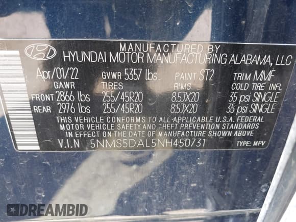 ✅ 2022 Hyundai Santa Fe Calligraphy • VIN: 5NMS5DAL5NH450731 • Lot: 42659992. Listed on IAAI with 39,971 mi. Free auction sales archive from the USA and detailed vehicle history report at DreamBid. Image 9.
