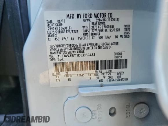 ✅ 2013 Ford F-350 King Ranch • VIN: 1FT8W3BT1DEB62433 • Lot: 95518945. Listed on Copart with Not provided. Free auction sales archive from the USA and detailed vehicle history report at DreamBid. Image 13.