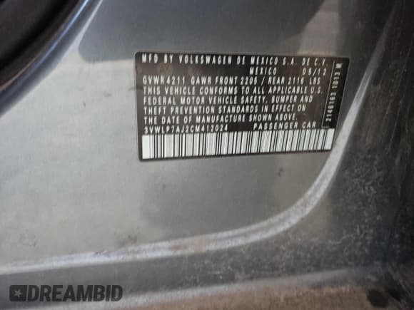 ✅ 2012 Volkswagen Jetta SEL • VIN: 3VWLP7AJ2CM412024 • Lot: 48194955. Listed on Copart with 178,268 mi. Free auction sales archive from the USA and detailed vehicle history report at DreamBid. Image 12.