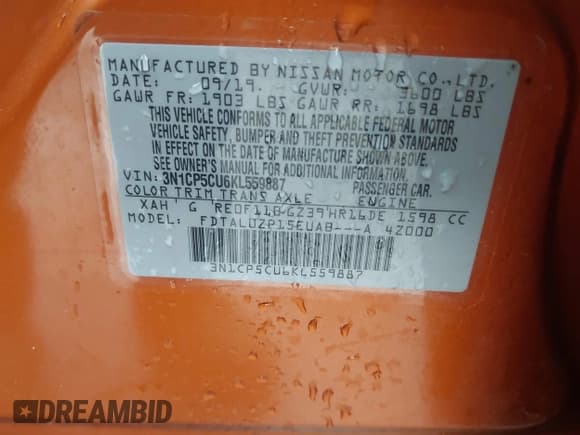 ✅ 2019 Nissan Kicks S • VIN: 3N1CP5CU6KL559887 • Lot: 41491252. Listed on IAAI with 69,357 mi. Free auction sales archive from the USA and detailed vehicle history report at DreamBid. Image 9.