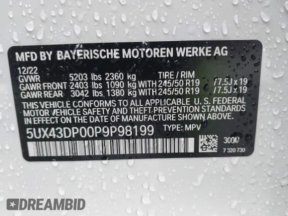✅ 2023 BMW X3 sDrive30i • VIN: 5UX43DP00P9P98199 • Lot: 43441756. Listed on IAAI with 32,516 mi. Free auction sales archive from the USA and detailed vehicle history report at DreamBid. Image 9.