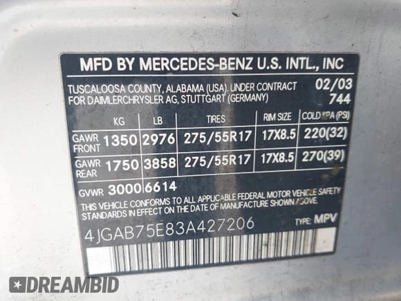 ✅ 2003 Mercedes-Benz M 500 • VIN: 4JGAB75E83A427206 • Lot: 43240104. Listed on IAAI with 169,440 mi. Free auction sales archive from the USA and detailed vehicle history report at DreamBid. Image 9.