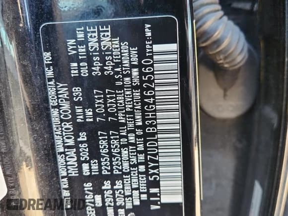 ✅ 2017 Hyundai Santa Fe 2.4L • VIN: 5XYZUDLB3HG462560 • Lot: 89849245. Listed on Copart with 76,475 mi. Free auction sales archive from the USA and detailed vehicle history report at DreamBid. Image 12.