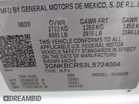 ✅ 2020 Chevrolet Blazer LT • VIN: 3GNKBCRS3LS724004 • Lot: 41972729. Listed on IAAI with 53,592 mi. Free auction sales archive from the USA and detailed vehicle history report at DreamBid. Image 9.