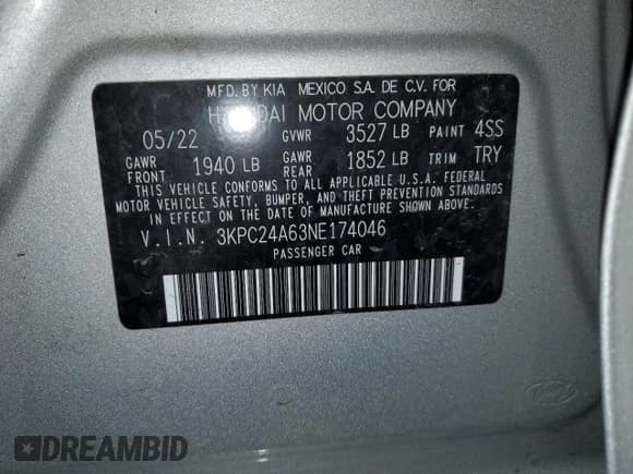 ✅ 2022 Hyundai Accent SE • VIN: 3KPC24A63NE174046 • Лот: 80473864. Опубликован ранее на Copart с пробегом 20 861 миль. Бесплатный доступ к архиву аукционных продаж из США и подробный отчёт об истории автомобиля на DreamBid. Изображение 14.