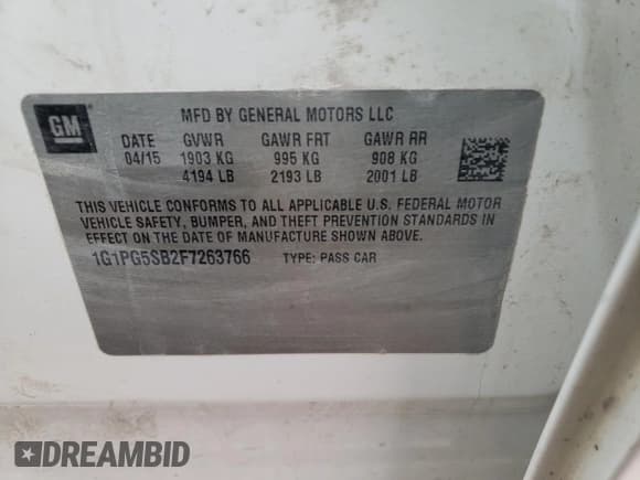 ✅ 2015 Chevrolet Cruze LTZ • VIN: 1G1PG5SB2F7263766 • Lot: 37207293. Listed on Copart with 157,825 mi. Free auction sales archive from the USA and detailed vehicle history report at DreamBid. Image 12.