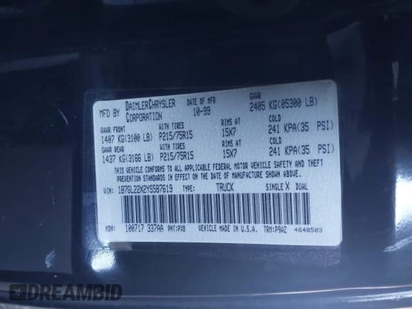 ✅ 2000 Dodge Dakota • VIN: 1B7GL22X2YS587619 • Lot: 43484603. Listed on IAAI with 230,262 mi. Free auction sales archive from the USA and detailed vehicle history report at DreamBid. Image 9.