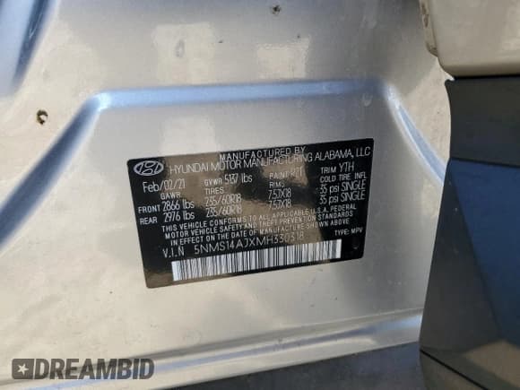 ✅ 2021 Hyundai Santa Fe SE • VIN: 5NMS14AJXMH330318 • Lot: 91399745. Listed on Copart with 139,874 mi. Free auction sales archive from the USA and detailed vehicle history report at DreamBid. Image 14.