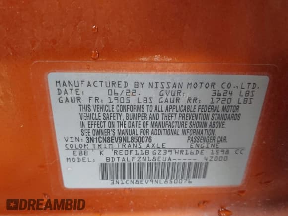 ✅ 2022 Nissan Versa SV • VIN: 3N1CN8EV9NL850076 • Lot: 43393220. Listed on IAAI with 76,737 mi. Free auction sales archive from the USA and detailed vehicle history report at DreamBid. Image 9.