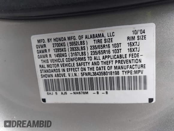 ✅ 2005 Honda Odyssey EX • VIN: 5FNRL38435B018198 • Lot: 43724876. Wystawiony na IAAI z przebiegiem 186 376 mil. Bezpłatny archiwum sprzedaży aukcyjnych z USA i szczegółowy raport historii pojazdu na DreamBid. Zdjęcie 9.