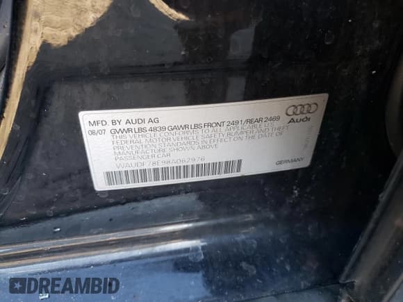 ✅ 2008 Audi A4 2.0T • VIN: WAUDF78E98A062976 • Lot: 43313105. Listed on Copart with Not provided. Free auction sales archive from the USA and detailed vehicle history report at DreamBid. Image 13.
