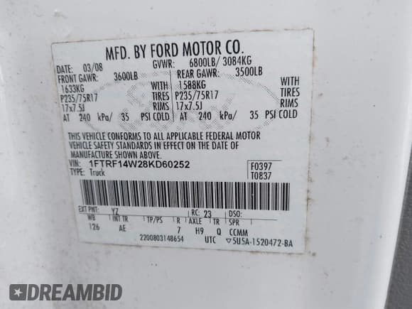 ✅ 2008 Ford F-150 XL • VIN: 1FTRF14W28KD60252 • Lot: 41207864. Listed on IAAI with 205,993 mi. Free auction sales archive from the USA and detailed vehicle history report at DreamBid. Image 9.