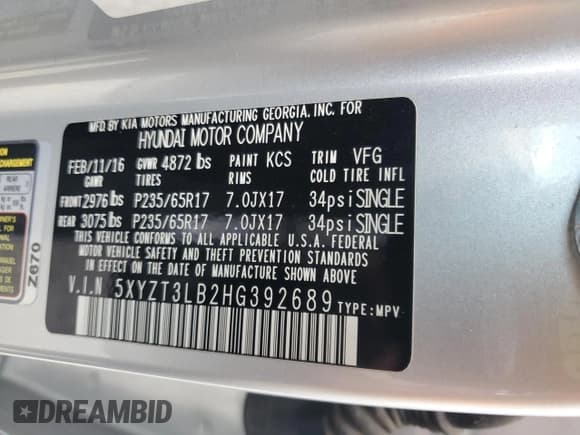 ✅ 2017 Hyundai Santa Fe 2.4L • VIN: 5XYZT3LB2HG392689 • Лот: 59354795. Опубликован ранее на Copart с пробегом 54 525 миль. Бесплатный доступ к архиву аукционных продаж из США и подробный отчёт об истории автомобиля на DreamBid. Изображение 14.