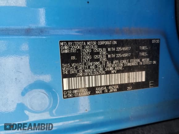 ✅ 2020 Toyota RAV4 LE • VIN: JTMF1RFV0LD067595 • Лот: 57526815. Опубликован ранее на Copart с пробегом 52 166 миль. Бесплатный доступ к архиву аукционных продаж из США и подробный отчёт об истории автомобиля на DreamBid. Изображение 13.