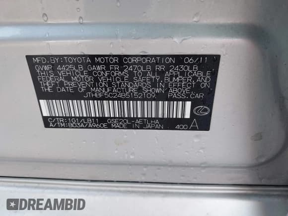 ✅ 2011 Lexus IS 250 • VIN: JTHBF5C24B5152109 • Lot: 43523575. Listed on IAAI with 126,716 mi. Free auction sales archive from the USA and detailed vehicle history report at DreamBid. Image 9.