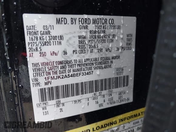 ✅ 2011 Ford Expedition Max Limited • VIN: 1FMJK2A54BEF33457 • Lot: 41864686. Listed on IAAI with 186,278 mi. Free auction sales archive from the USA and detailed vehicle history report at DreamBid. Image 9.