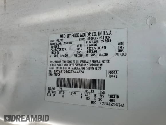 ✅ 2003 Ford Ranger XL Fleet • VIN: 1FTYR10E03TA44674 • Лот: 88537665. Опубликован ранее на Copart с пробегом 196 020 миль. Бесплатный доступ к архиву аукционных продаж из США и подробный отчёт об истории автомобиля на DreamBid. Изображение 12.