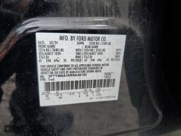 ✅ 2024 Ford Maverick XL • VIN: 3FTTW8A35RRA36153 • Lot: 80849285. Listed on Copart with 32,174 mi. Free auction sales archive from the USA and detailed vehicle history report at DreamBid. Image 12.