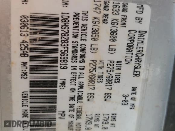 ✅ 2003 Dodge Durango R/T • VIN: 1D8HS78Z83F569819 • Lot: 47615135. Wystawiony na Copart z przebiegiem 159 843 mil. Bezpłatny archiwum sprzedaży aukcyjnych z USA i szczegółowy raport historii pojazdu na DreamBid. Zdjęcie 13.