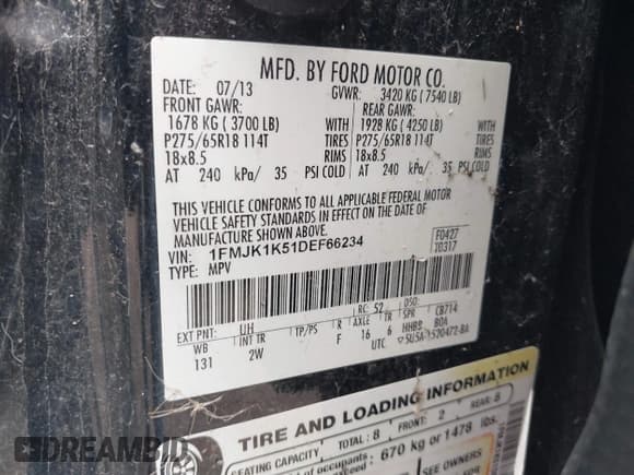 ✅ 2013 Ford Expedition Max Limited • VIN: 1FMJK1K51DEF66234 • Lot: 42514426. Wystawiony na IAAI z przebiegiem 251 655 mil. Bezpłatny archiwum sprzedaży aukcyjnych z USA i szczegółowy raport historii pojazdu na DreamBid. Zdjęcie 9.