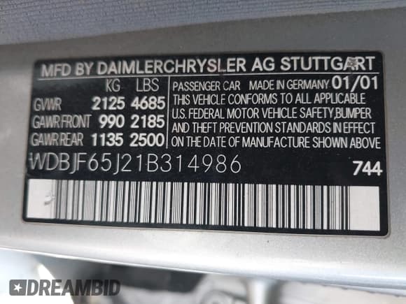 ✅ 2001 Mercedes-Benz E 320 • VIN: WDBJF65J21B314986 • Лот: 43899817. Опубликован ранее на IAAI с пробегом 252 640 миль. Бесплатный доступ к архиву аукционных продаж из США и подробный отчёт об истории автомобиля на DreamBid. Изображение 9.