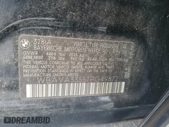 ✅ 2007 BMW 3 Series 328i • VIN: WBAVA33557PG49872 • Lot: 85513935. Listed on Copart with 21,894 mi. Free auction sales archive from the USA and detailed vehicle history report at DreamBid. Image 12.