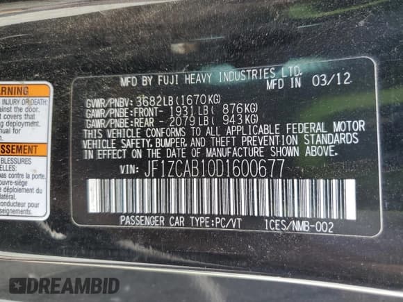 ✅ 2013 Subaru BRZ Premium • VIN: JF1ZCAB10D1600677 • Лот: 67365535. Опубликован ранее на Copart с пробегом 160 388 миль. Бесплатный доступ к архиву аукционных продаж из США и подробный отчёт об истории автомобиля на DreamBid. Изображение 12.