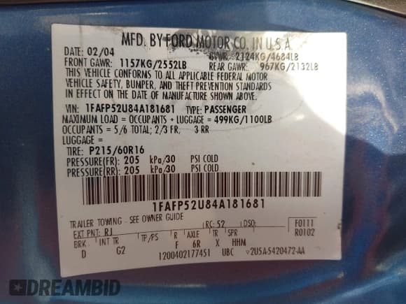 ✅ 2004 Ford Taurus LX • VIN: 1FAFP52U84A181681 • Lot: 42773830. Listed on IAAI with 98,386 mi. Free auction sales archive from the USA and detailed vehicle history report at DreamBid. Image 9.