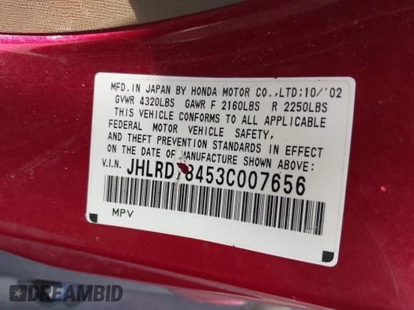 ✅ 2003 Honda CR-V LX • VIN: JHLRD78453C007656 • Lot: 43718043. Listed on IAAI with 124,174 mi. Free auction sales archive from the USA and detailed vehicle history report at DreamBid. Image 9.