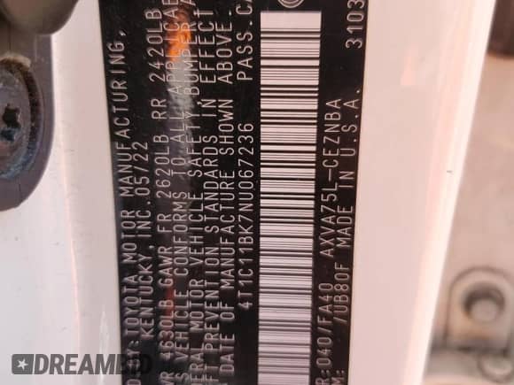 2022 Toyota Camry LE with VIN 4T1C11BK7NU067236, listed as a Copart auction lot 63204135 with 50,028 mi miles and Salvage title. Bid and sale history available at DreamBid. Image 13.