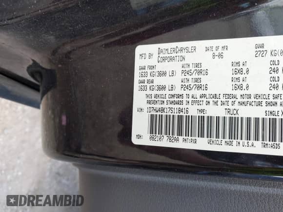 2007 Dodge Dakota SLT with VIN 1D7HW48K17S118416, listed as a IAAI auction lot 42209225 with 133,678 mi miles and . Bid and sale history available at DreamBid. Image 9.