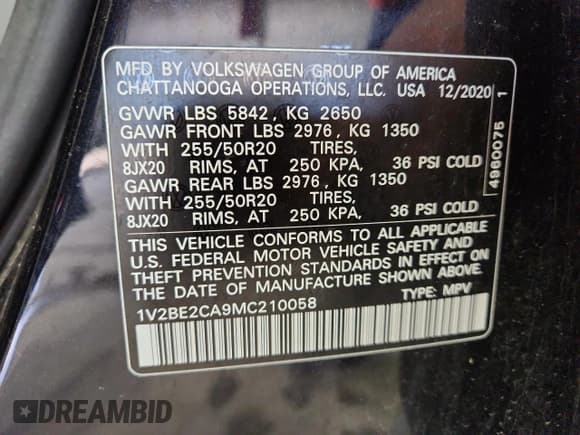 ✅ 2021 Volkswagen Atlas SEL • VIN: 1V2BE2CA9MC210058 • Lot: 93193785. Listed on Copart with 53,345 mi. Free auction sales archive from the USA and detailed vehicle history report at DreamBid. Image 13.