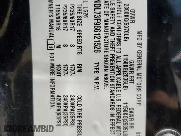 ✅ 2006 Chevrolet Equinox LT • VIN: 2CNDL73F966121526 • Лот: 58726305. Опубликован ранее на Copart с пробегом 99 899 миль. Бесплатный доступ к архиву аукционных продаж из США и подробный отчёт об истории автомобиля на DreamBid. Изображение 13.