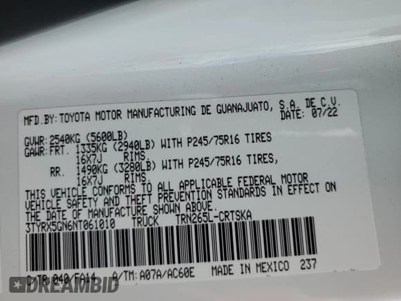 ✅ 2022 Toyota Tacoma SR • VIN: 3TYRX5GN6NT061010 • Lot: 59031405. Wystawiony na Copart z przebiegiem 55 704 mil. Bezpłatny archiwum sprzedaży aukcyjnych z USA i szczegółowy raport historii pojazdu na DreamBid. Zdjęcie 12.