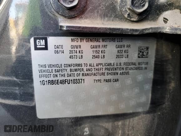 2015 Chevrolet Volt с VIN 1G1RB6E48FU103371, выставлен на аукционе Copart как лот 45880054 с пробегом Не указан миль и . История ставок и продаж доступна на DreamBid. Изображение 12.