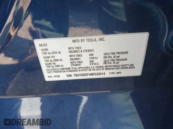 ✅ 2022 Tesla Model Y Performance • VIN: 7SAYGDEF4NF539414 • Lot: 42798058. Listed on IAAI with 34,554 mi. Free auction sales archive from the USA and detailed vehicle history report at DreamBid. Image 9.