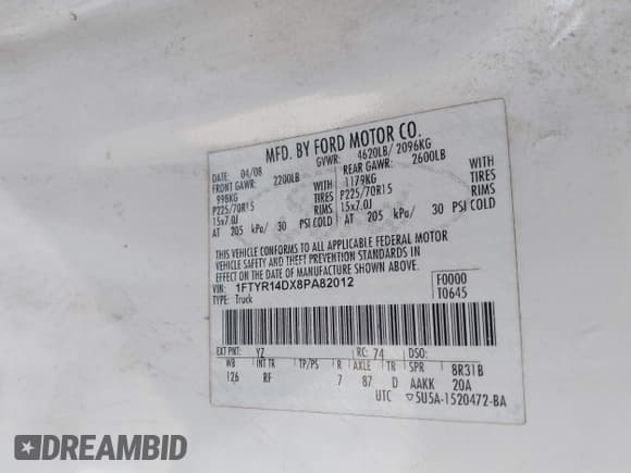 ✅ 2008 Ford Ranger XL • VIN: 1FTYR14DX8PA82012 • Лот: 42583100. Опубликован ранее на IAAI с пробегом 149 816 миль. Бесплатный доступ к архиву аукционных продаж из США и подробный отчёт об истории автомобиля на DreamBid. Изображение 9.