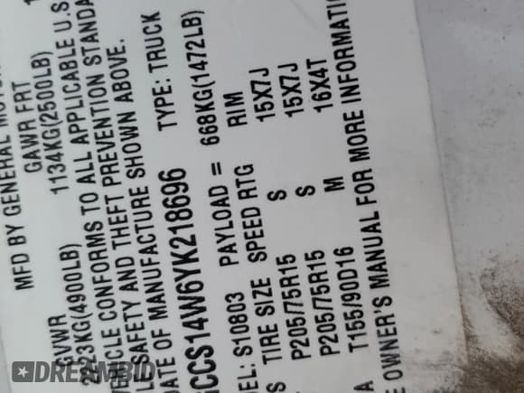 ✅ 2000 Chevrolet S-10 LS • VIN: 1GCCS14W6YK218696 • Лот: 67710344. Опубликован ранее на Copart с пробегом 106 603 миль. Бесплатный доступ к архиву аукционных продаж из США и подробный отчёт об истории автомобиля на DreamBid. Изображение 12.