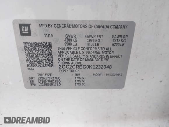 ✅ 2019 Chevrolet Silverado 2500HD Work Truck • VIN: 2GC2CREG0K1232048 • Lot: 41737215. Listed on IAAI with 139,482 mi. Free auction sales archive from the USA and detailed vehicle history report at DreamBid. Image 9.