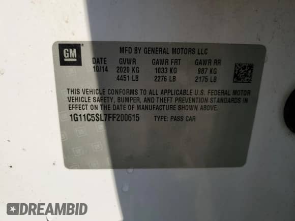 2015 Chevrolet Malibu LT with VIN 1G11C5SL7FF200615, listed as a Copart auction lot 81325595 with 317,846 mi miles and Salvage title. Bid and sale history available at DreamBid. Image 14.