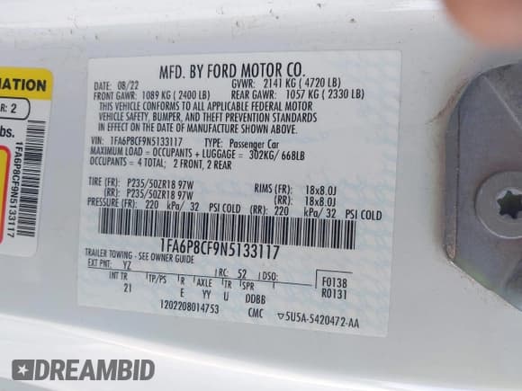 ✅ 2022 Ford Mustang GT • VIN: 1FA6P8CF9N5133117 • Lot: 43700808. Listed on IAAI with 32,893 mi. Free auction sales archive from the USA and detailed vehicle history report at DreamBid. Image 9.