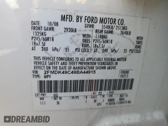 ✅ 2009 Ford Edge Limited • VIN: 2FMDK49C49BA44915 • Lot: 89873705. Wystawiony na Copart z przebiegiem 194 196 mil. Bezpłatny archiwum sprzedaży aukcyjnych z USA i szczegółowy raport historii pojazdu na DreamBid. Zdjęcie 13.