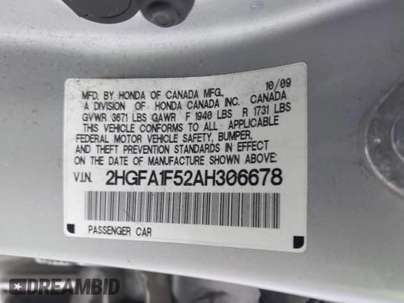 ✅ 2010 Honda Civic LX • VIN: 2HGFA1F52AH306678 • Lot: 43510796. Wystawiony na IAAI z przebiegiem 192 682 mil. Bezpłatny archiwum sprzedaży aukcyjnych z USA i szczegółowy raport historii pojazdu na DreamBid. Zdjęcie 9.