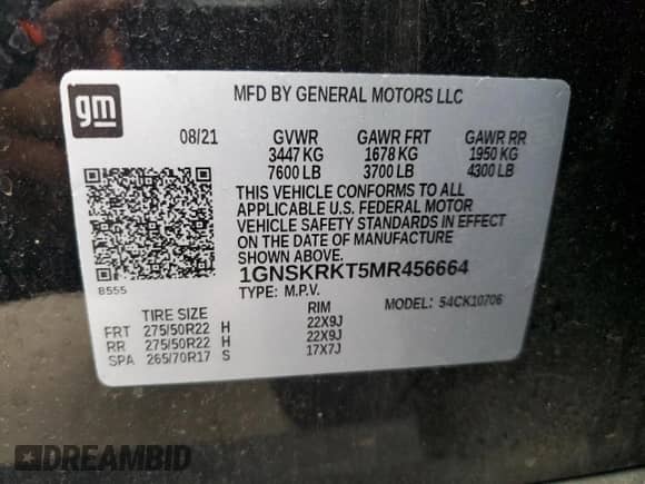 2021 Chevrolet Tahoe RST with VIN 1GNSKRKT5MR456664, listed as a Copart auction lot 57946865 with 56,963 mi miles and Salvage title. Bid and sale history available at DreamBid. Image 13.